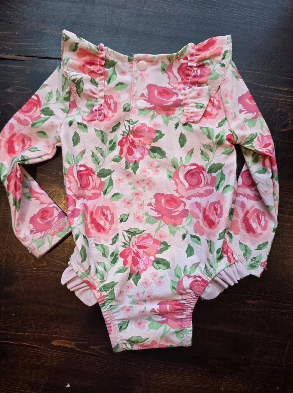 Mud Pie Pink Floral Long Sleeve Rashguard One-Piece Swimsuit - Size 3-6 Months -